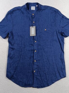 Murano Baird McNutt Shirt Mens Large Indigo Linen Band Collar Grandfather NWT